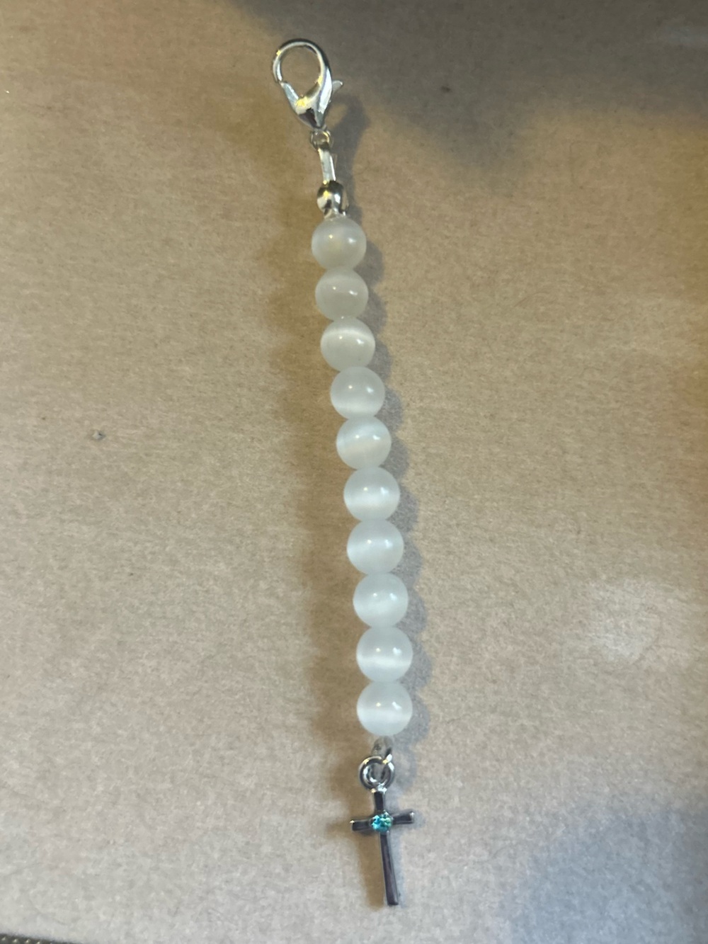 White Selenite Crystal Beaded Keychain with Silver Cross Charm - Handmade